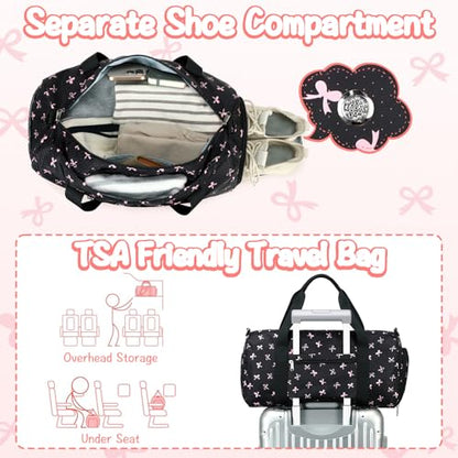 Gym Bag Sports Duffle Bag with Wet Pocket Weekender Overnight Bag with Waterproof Shoe Compartment for Girls Kids Women Travel Dance Yoga Workout Bag (Bow Pink-Black) - color: Bow Pink-Black