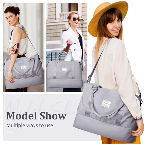 Weekender Bags for Women,Personal Item Travel Bag with Shoes Compartment,Overnight Travel Duffel Bag with Toiletry Bag - color: Grey, size: Large