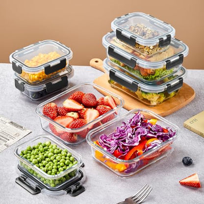 Liuruiyu 10 Pack Glass Food Storage Containers with Lids, Meal Prep Containers, Airtight Bento Boxes with Leak Proof Locking for Microwave, Oven, Freezer and Dishwasher, BPA Free - color: 10 Pack-(12.5&35.8oz)