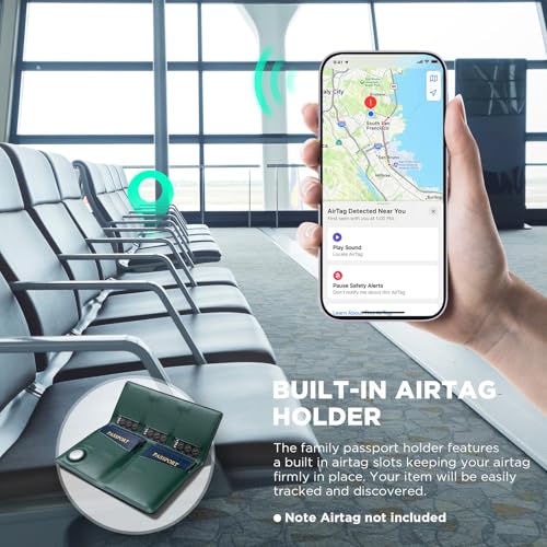 VULKIT Family Passport Holder for 4 Leather Passport Wallet with Airtag Slot Multiple Passport Holder RFID Blocking Bifold Travel Documents Organizer - color: Green