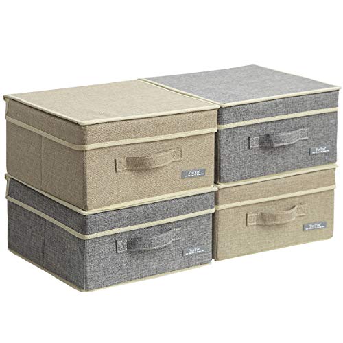 YueYue 4 Pack Small Fabric Storage Box with Lids, Foldable Linen Storage Box with Lids 4 Pieces Gray&Linen Set 12.4in/12in/6.7in - color: 2 color, size: 12.4 in/12 in/6.7 in