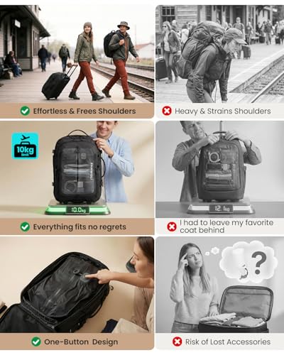 Fanwoli Rolling Vacuum Backpack Travel with One-Button Compression, 55L Expandable, Water Resistant Carry-On Suitcase Luggage, Ideal for Outdoor/Family/Trips - color: Black