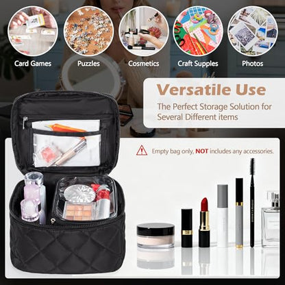 Travel Makeup Bag with 4 Clear Cases, Large Quilted Cosmetic Organizer for Women, Puffy Storage Bag for Cosmetics, Photos or Pill Bottles, Black (Empty Bag)