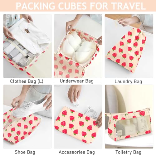 KPX 8 Set Packing Cubes for Travel, Luggage Packing Organizers Accessories Large Toiletries Bag for Clothes Shoes Cosmetics (Strawberry) - color: 8Set-Strawberry