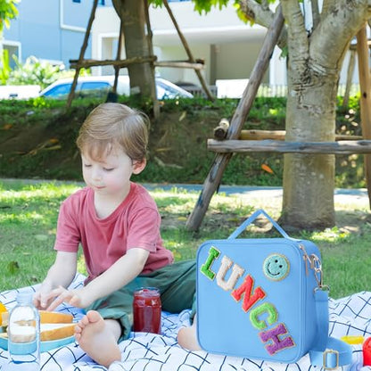 Insulated Lunch Bag With Adjustable Shoulder Strap, Nylon Preppy Lunch Box Large Insulated Lunch Bag Reusable Lunch Tote Bag with Smiley Preppy LunchBag for Girls School Travel Picnic (Dark blue) - color: Dark Blue