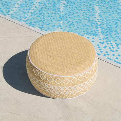 Outdoor Inflatable Ottoman with Air Pump, Embroidery Patio Footrest Stool D21”x H9”, Round Pouf Ottoman with Portable Handle Suitable for Garden, Camping, Bedroom, Living Room - color: White Embroidery