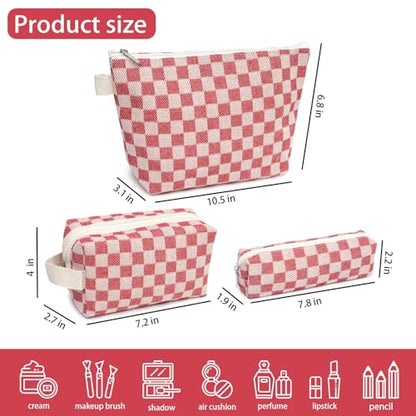 3 Pcs Canvas Makeup Bag Set Checkered Cosmetic Pouch for Women Travel Toiletry Bag Cute Makeup Organizer Purse Pouch Preppy Pencil Case with Zipper (Checkered Red) - color: Checkered Red