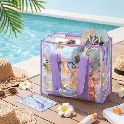Hsei 6 Pcs Clear Iridescent Beach Bag with Phone Pouch for Women Beach Travel Large Waterproof Tote Bags for Vacation Picnic - color: Iridescent Purple