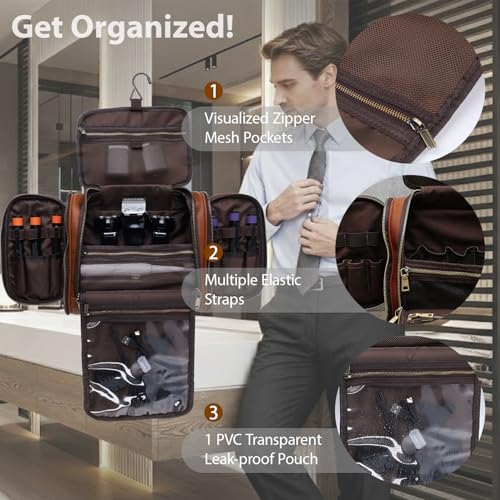 EURYNOME Leather Toiletry Bag For Men Women,Full Grain Leather Toiletries Organizer,Travel Hanging Toiletry Bag Large Water-resistant Bathroom Shaving Kit for Cosmetics, Makeup Case Travel Dopp Kit - color: Brown