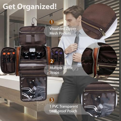 EURYNOME Leather Toiletry Bag For Men Women,Full Grain Leather Toiletries Organizer,Travel Hanging Toiletry Bag Large Water-resistant Bathroom Shaving Kit for Cosmetics, Makeup Case Travel Dopp Kit - color: Brown
