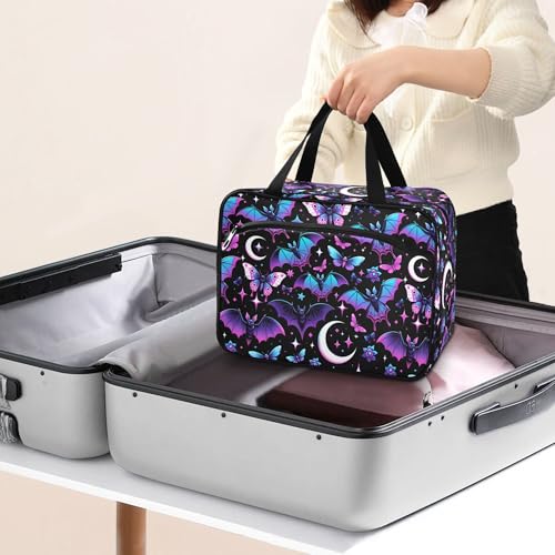 MNSRUU Hanging Toiletry Bags for Women Travel, Neon Purple and Bats Stars and Moons Toiletry Organizer Portable Travel Clear Wash Makeup Cosmetic Bag - color: Bats A8889