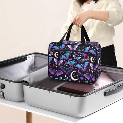 MNSRUU Hanging Toiletry Bags for Women Travel, Neon Purple and Bats Stars and Moons Toiletry Organizer Portable Travel Clear Wash Makeup Cosmetic Bag - color: Bats A8889