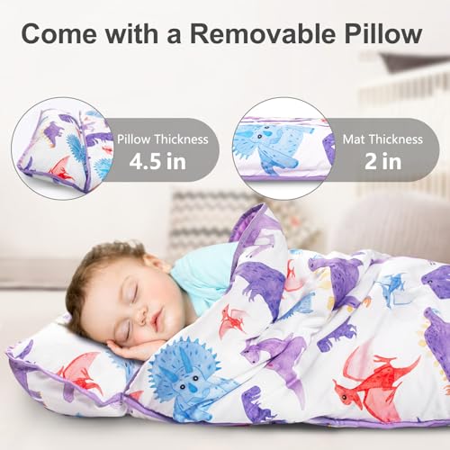 Primlect Thickened Toddler Nap Mat with Removable Pillow and Minky Blanket, Extra Large 55''x35'' Sleeping Bag, Washable, Roll up, Perfect for Daycare, Preschool, Kindergarten, Boys and Girls Dinosaur - color: purple