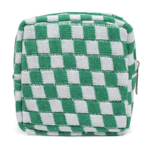Small Green Makeup Bag for Purse, Mini Checkered Cosmetic Bag Zipper Cute Make Up Pouch Travel Toiletry Bag Quilted Aesthetic Accessories Makeup Storage Bag Organizer for Women Girls - color: MIni Green