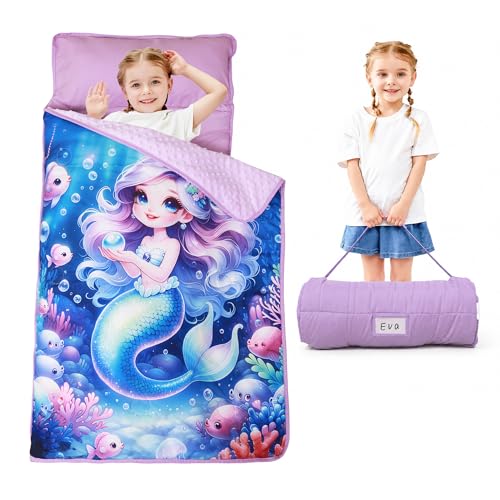 Lasoftan Toddler Nap Mat with Pillow and Blanket, Extra Large Rolled Napping Mats,Slumber Bags for Boys Girls,Kids Sleeping Bag for Daycare, Preschool Travel Camping - color: Blue Mermaid
