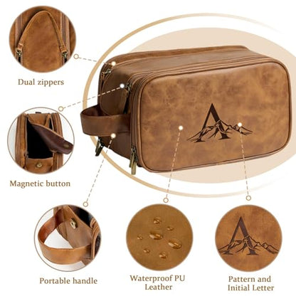 Janhavi Birthday Gifts for Men, Beach Vacation Essentials, Waterproof Toiletry Bag with Hook, Personalized PU Leather Laser Engraved Initials & Mountain, Birthday Gifts For Him (Brown D) - color: Brown, style: D