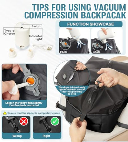 BOXSAM Vacuum Travel Backpack with Pump for Women,Personal Item Carry on Backpacks 18x14x8 inches Flight Approved for Men,Laptop Waterproof Work Compression bags Casual Daypack Black - color: Z1-black