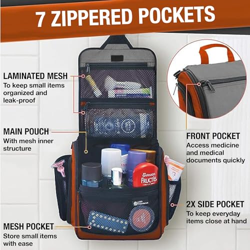 D&D Wanderlust D&D Hanging Travel Toiletry Bag for Men and Women – Cosmetics, Makeup and Toiletries Organizer Kit with 10 Compartments - color: Orange and Grey