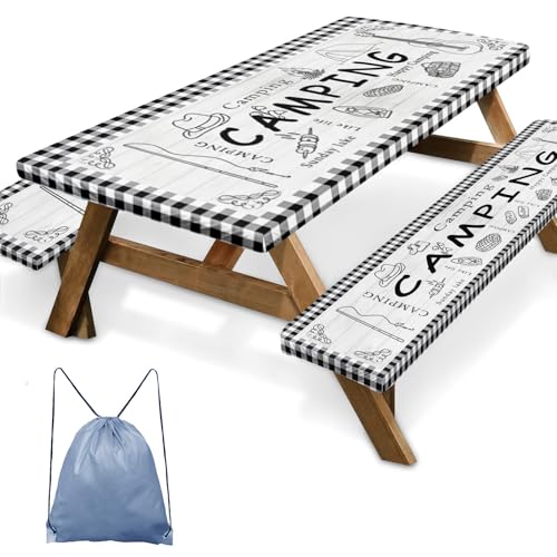Picnic Table Cover with Bench Covers Elastic Edges, Farm Plaid Fitted Table Cover, Outdoor Patio Camping Essentials 60 Inch 3PCS, Waterproof Camping Fitted Tablecloth with Drawstring Bag - color: Plaid, size: 60in