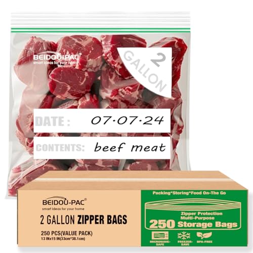 BEIDOU-PAC 2 Gallon Large Food Storage Freezer Bags, 250 Count | Double Zipper |13" * 15", Freshness Easy Open Reclosable Clear Plastic Bags - style: Zip | 2 gal 250 count