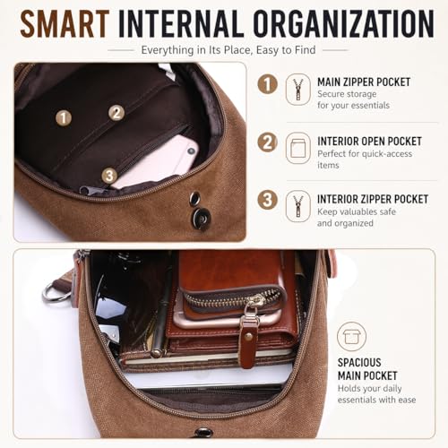 Canvas Sling Bag for Men Crossbody Chest Bag Casual Daypack Rucksack Small Crossbody Backpack with Adjustable Strap - color: Khaki
