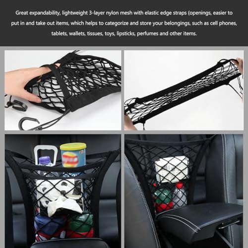 3-Layer Car Mesh Organizer, Seat Back Net Bag Stretchable Barrier of Backseat Pet Kids, Four-Side Elastic Storage Netting Pouch Cargo Tissue Purse Holder Between Front Seats - color: 3-Layer Four-Side