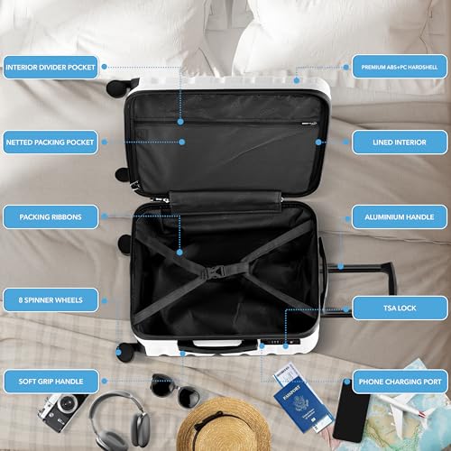 Flight Knight 24x16x10 Expandable Carry On Suitcase Hardside TSA Lock USB C Lightweight Luggage Silent Double Spinner Wheels Maximum Overhead Carry-On Bag For Virgin South West Approved White - color: White, size: 24x16x10"
