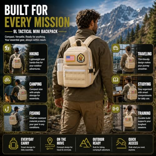 9L Mini Tactical Backpack for Men Women,Small Military Tactical Backpack for Sport,Gym,Hiking,Travel,Camping (Beige) - color: Beige