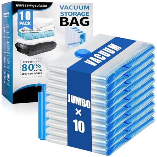 10 Jumbo Vacuum Storage Bags, Vacuum Seal Bags for Clothing Space Saver Compression Storage Bag with Hand Pump Extra Large for Clothing Travel Comforters Blankets Pillow Bedding Duvets Clothes
