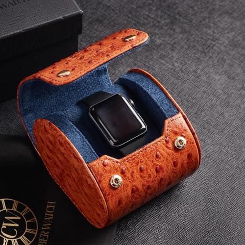 Genuine Napa Leather Watch Roll Travel Case - Travel Watch Rolls and Leather Watch Display Cases with Velvet Interior - Watch Storage Organizer Men's By CALIBERWATCH (Cognac - Single) - color: Cognac - Single