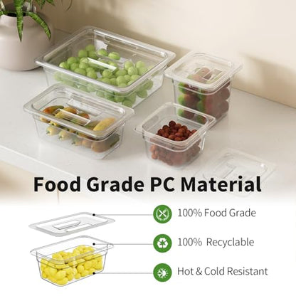 1/4 4'' 6 Pack Plastic Food Pans With Lids, Clear Food Pan, Commercial Stackable Polycarbonate Freezer-Safe for Fruits Vegetables Restaurant Kitchen - color: 1/4 4"6 Pack