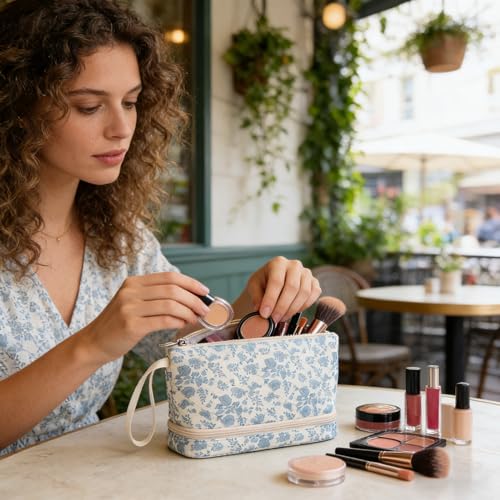 Ethereal Small Makeup Bag, 2 Layers Travel Make up Organizer Bag with Makeup Brush Holder, Portable Cosmetic Bag for Women/Girls, Blue Flower - color: 02-blue flower