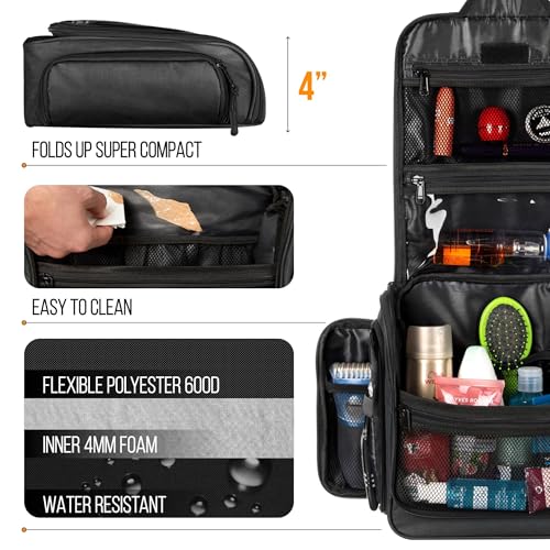 AvaJex Travel Toiletry Bag for Men - Large Dopp Kit (10.6"x10.6"x3.2") - Hanging Waterproof Mens Hygiene Organizer Bag with XXL Metal Swivel Hook, Sturdy Zippers and 19 Compartments for Toiletries - color: L Jet Black