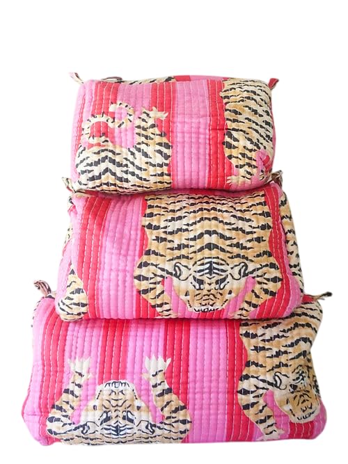 YILLE Set of 3 Pieces Block Printed Travel Organizer Kit Storage Bag for Women Makeup Bag Travel Cosmetic Bag (Pink Fat Tiger) - color: Pink Fat Tiger