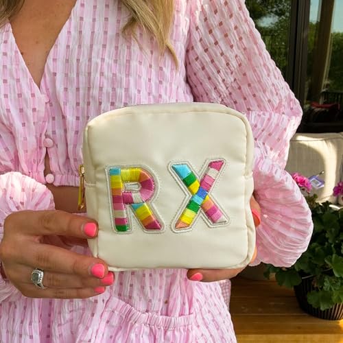 Small Nylon Rx Medicine Bag, Cute Waterproof Chenille Letter Patch Drug Makeup Bag with Metal Zipper, Pill Bag for Purse, Mini Travel First Aid Purse Organizer Machine Washable (08Beige RX) - color: 08Beige RX