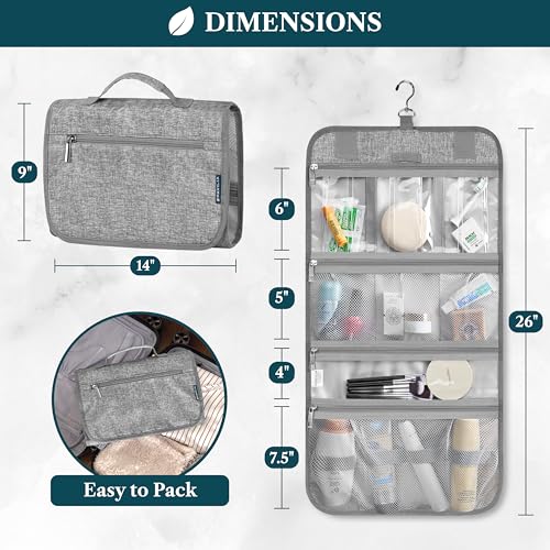 PAVILIA Hanging Toiletry Bag for Women Men, Large Foldable Toiletries Organizer with Hook, Water-Resistant Makeup Cosmetic Rollup Case, Clear Pockets for Bathroom, Gym, Cruise (Heather Grey) - color: Heather Grey