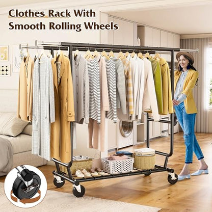 Raybee Clothes Rack Load 650LBS Heavy Duty Clothing Rack, Collapsible Clothes Racks for Hanging Clothes with Adjustable Height & Double Rods, Commercial Garment Rack with Wheels, Easy Assembly, Black - color: Black
