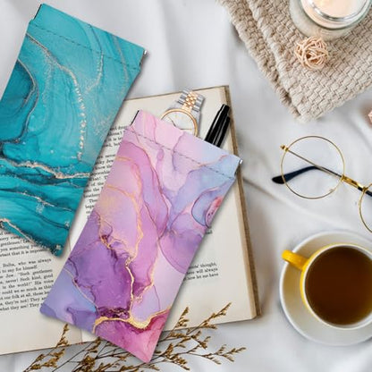 Eyeglasses Sunglasses Case PU Soft Squeeze Top Glasses Pouch for Women Men,Floral Pattern Portable Anti Scratch - color: Pink+blue