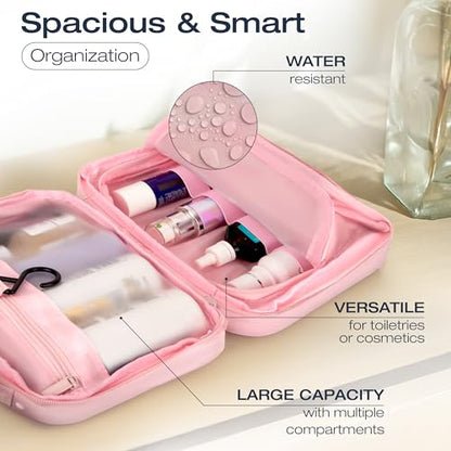 KAZAY Hanging Toiletry Bag with TSA Approved Detachable Pouch, Compact Travel Size Bag, Travel Toiletry Bag, Water Resistant, Premium Nylon, Travel Size Toiletries, Cosmetic Bag Makeup Bag (Pink) - color: Pink