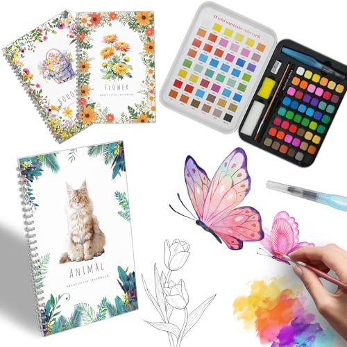 Watercolor Workbook Set for Beginners, Watercolor Book Kit (3 Packs) with 48 Colors, 3 Brushes & Step-by-Step Guide to Create 30 Pictures, All-in-One Water Colors Paint Book Art Gift for Adults