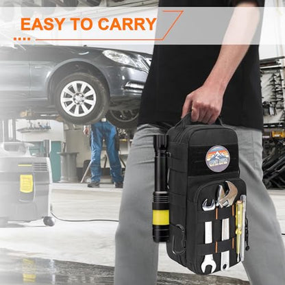 Rexmica Heavy Duty Small Tool Bag Storage with 2 Zipper Pouches, Multi-functional Tactical Molle Tool Organizer Case with Locking Carabiner for Camping, Road Trip, Electricians, EDC, Multimeter Case