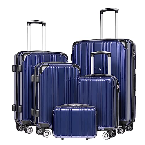 Coolife Luggage Sets, 5 Piece Durable Suitcase, Lightweight Carry on Luggage with PC+ABS Hardshell, Dual Spinner Wheels, TSA Lock and YKK Zipper(navy new, 5 piece set) - color: navy new, size: 5 piece set