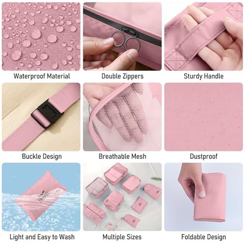 Packing Cubes for Travel - 8 Set Luggage Organizer Bags for Family, Mesh Breathable Packing Cubes for Suitcases Durable Travel Essentials Bags Set - color: Gray Pink