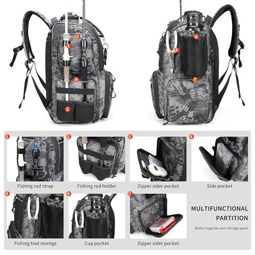 Rabjen Fishing Tackle Backpack with Rod Holders, Bottle Holder, Storage Bag Store Fishing Gear - color: Camouflage Black