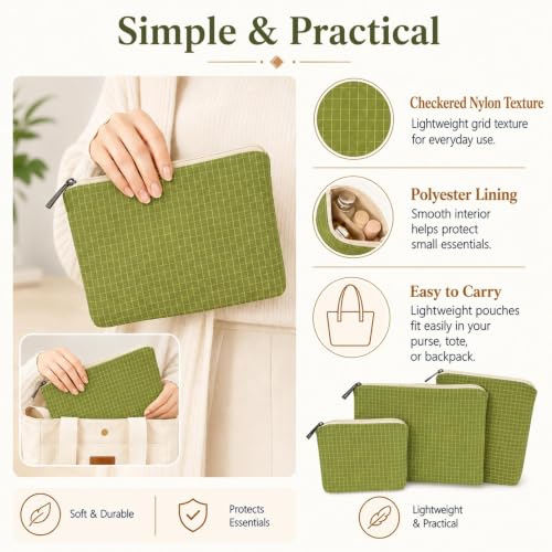 Small Zipper Pouches for Purse, 3 Pack Green Checkered Nylon Pouch Set, Purse Organizer Pouches for Makeup, Cards, Keys, Cables & Travel Essentials - color: GreenPlaid/Nylon