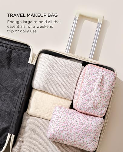 HBselect 2Pcs Travel Makeup Bag, Large Cotton Quilted Makeup Bag Cosmetic Bag Cute Make up Bag Toiletry Bags for Women Girls - color: 2PCS-FLOWER2