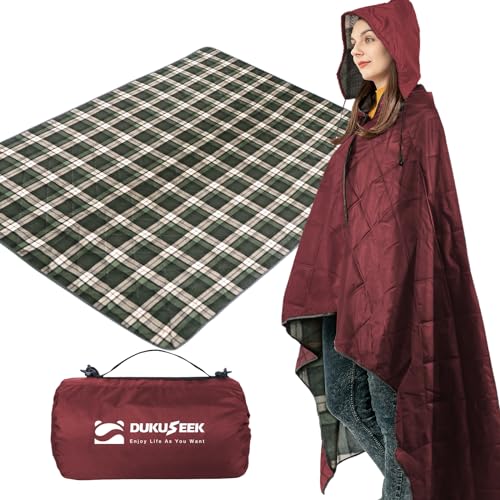 DUKUSEEK Waterproof Camping Blanket with Super Thick Fleece Lining, Large Outdoor Blanket Windproof with Foldable Hood for Camping Stadium Sporting Events,79"x 58" - color: Wine Red Outer With Blue Plaid Fleece