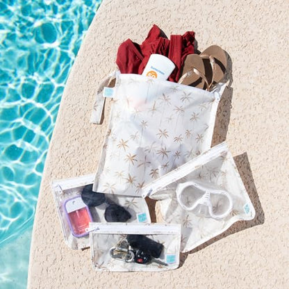 Bumkins - Waterproof Wet Bag & Clear Travel Bags - For Beach, Baby, Travel, Swim Suit, Cloth Diapers, Pump Parts, Pool, Gym, Toiletries - Reusable & Easy to Clean - Palm Trees - 4 Pack - color: A2 Palm Trees-4