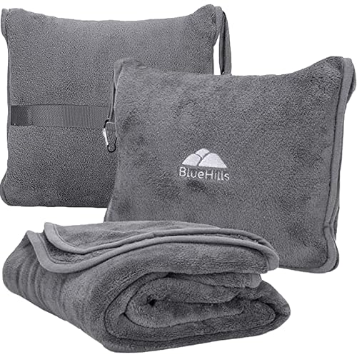 BlueHills Premium Soft Travel Blanket Pillow Airplane Flight Blanket Throw Bag Pillowcase Compact Large 2 in 1 Combo Warm Traveling Plane Essentials Portable Gifts Lightweight Grey Gray T007 - color: Gray-1pk-t007