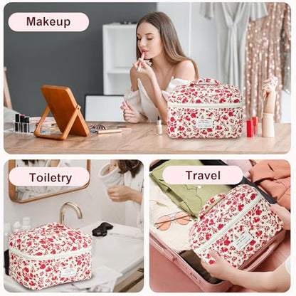 GISMTR 3Pcs Makeup Bag Cotton Quilted Travel Cosmetic Bag Cute Floral Makeup Pouch Large Toiletry Bag for Women Girls - color: Red flowers
